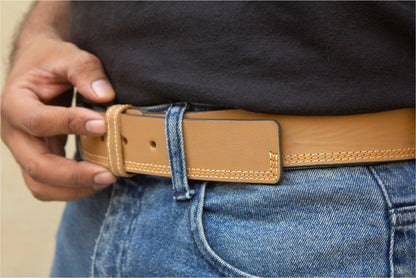 Urbaneeze Mustard Stitched Pure Leather Belt for Men | 3 Thread Stitching |  Durable 1.5-Inch Width