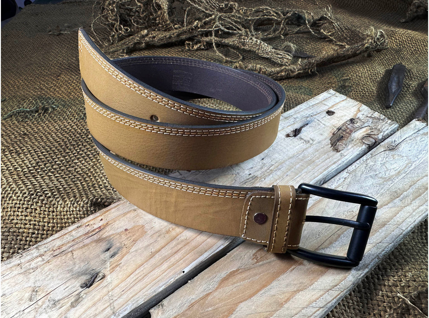 Urbaneeze Mustard Stitched Pure Leather Belt for Men | 3 Thread Stitching |  Durable 1.5-Inch Width